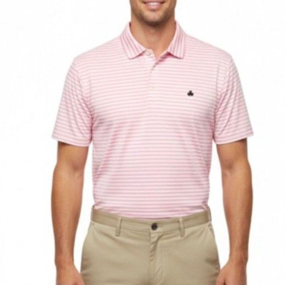 Brooks Brothers Mens White Pink Striped Cotton Slim Fit SS Polo Shirt Size XL